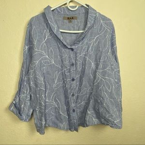 FLAX blue white collar button down linen blouse size Medium